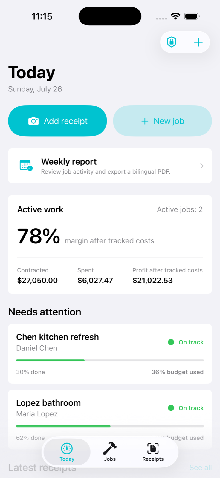 CostNota Today screen with receipt and job actions